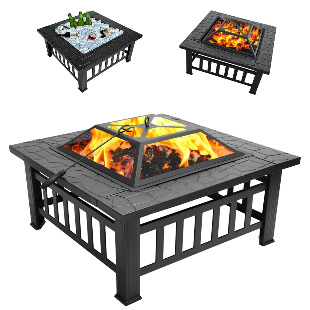32 Inch Square Metal Wood Burning Fire Pit with Mesh Lid and Poker E3858