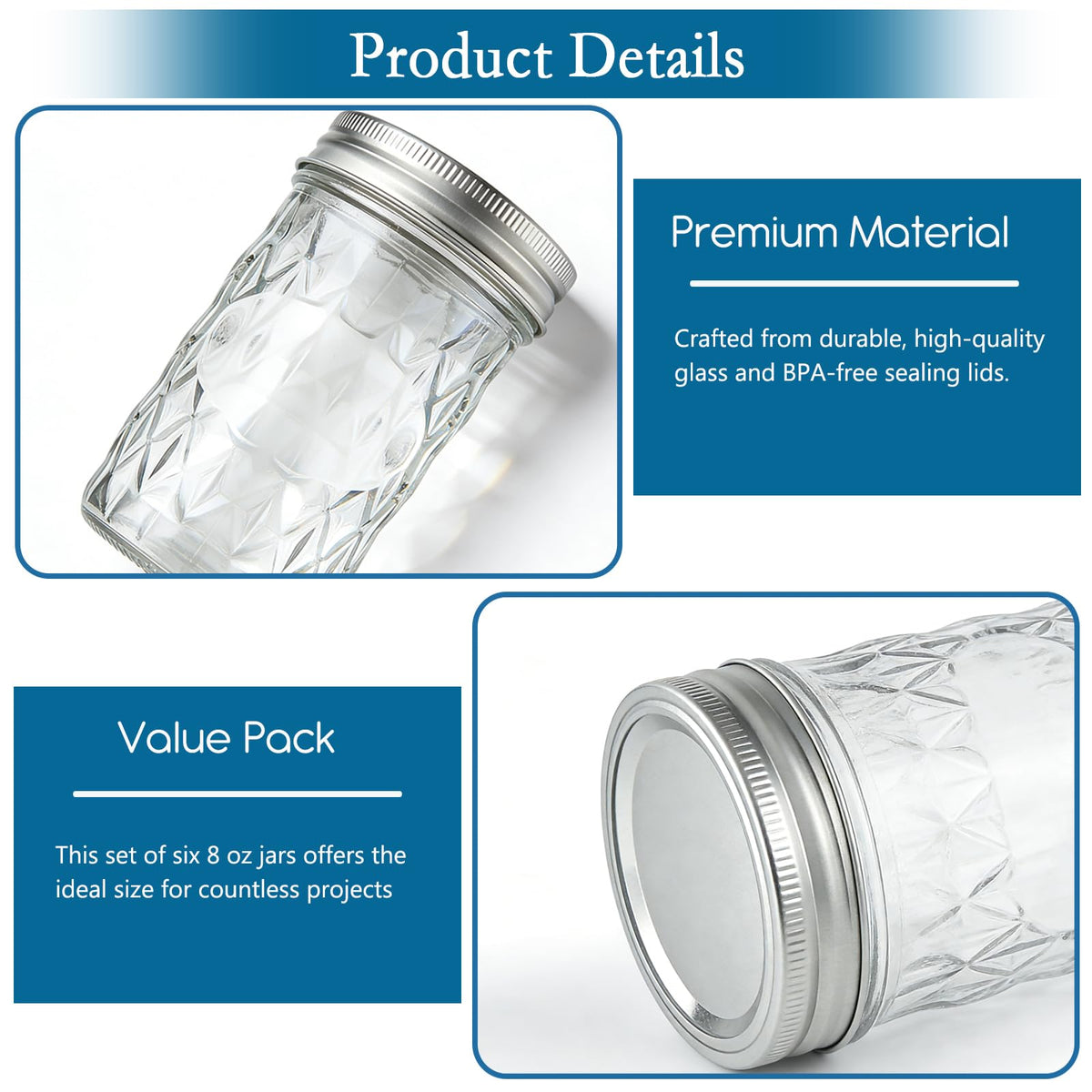8oz & 16oz 24 Pack Canning Glass Jars with Airtight Lids R7139