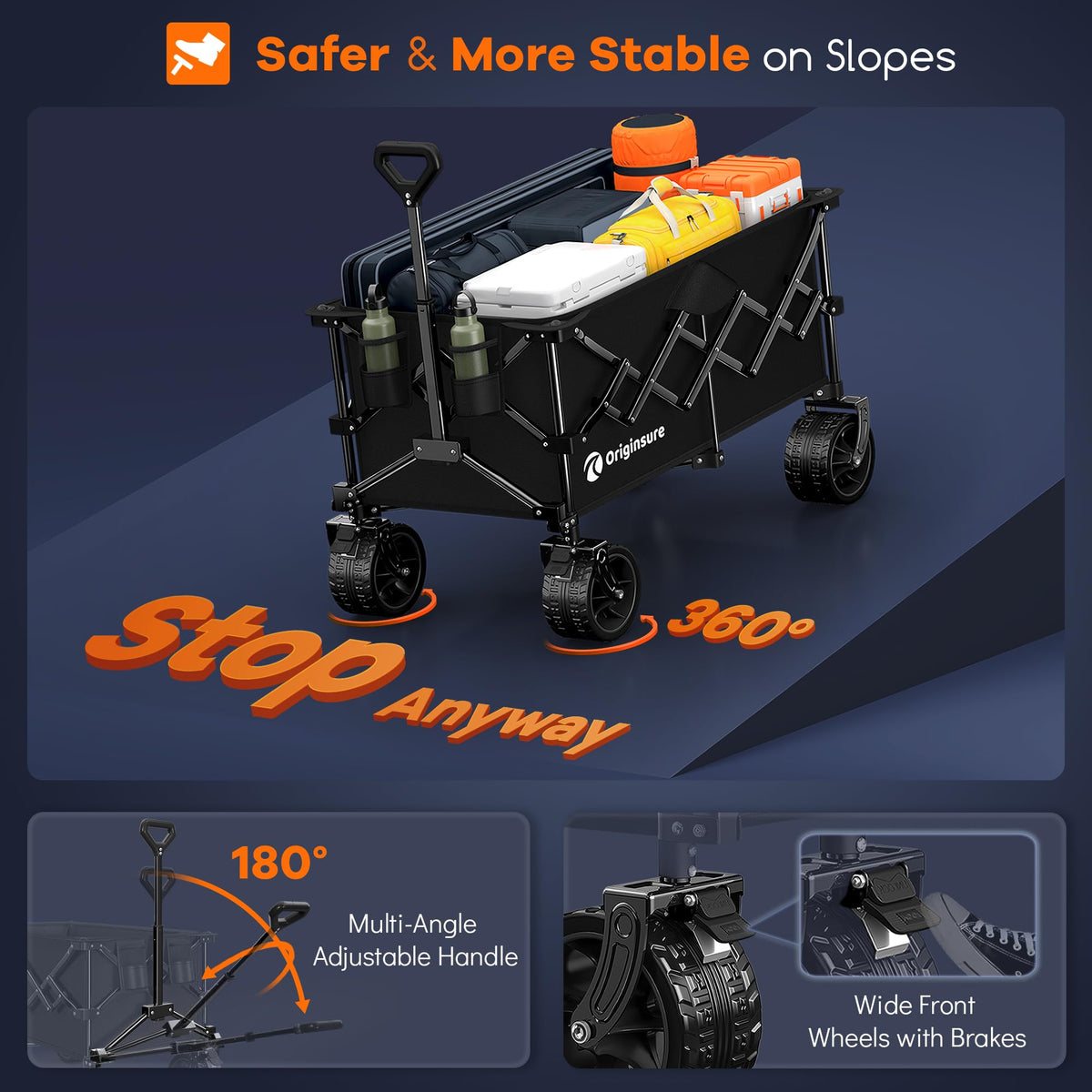 220L Collapsible Beach Wagon Cart with Big Wheels, Black X250257