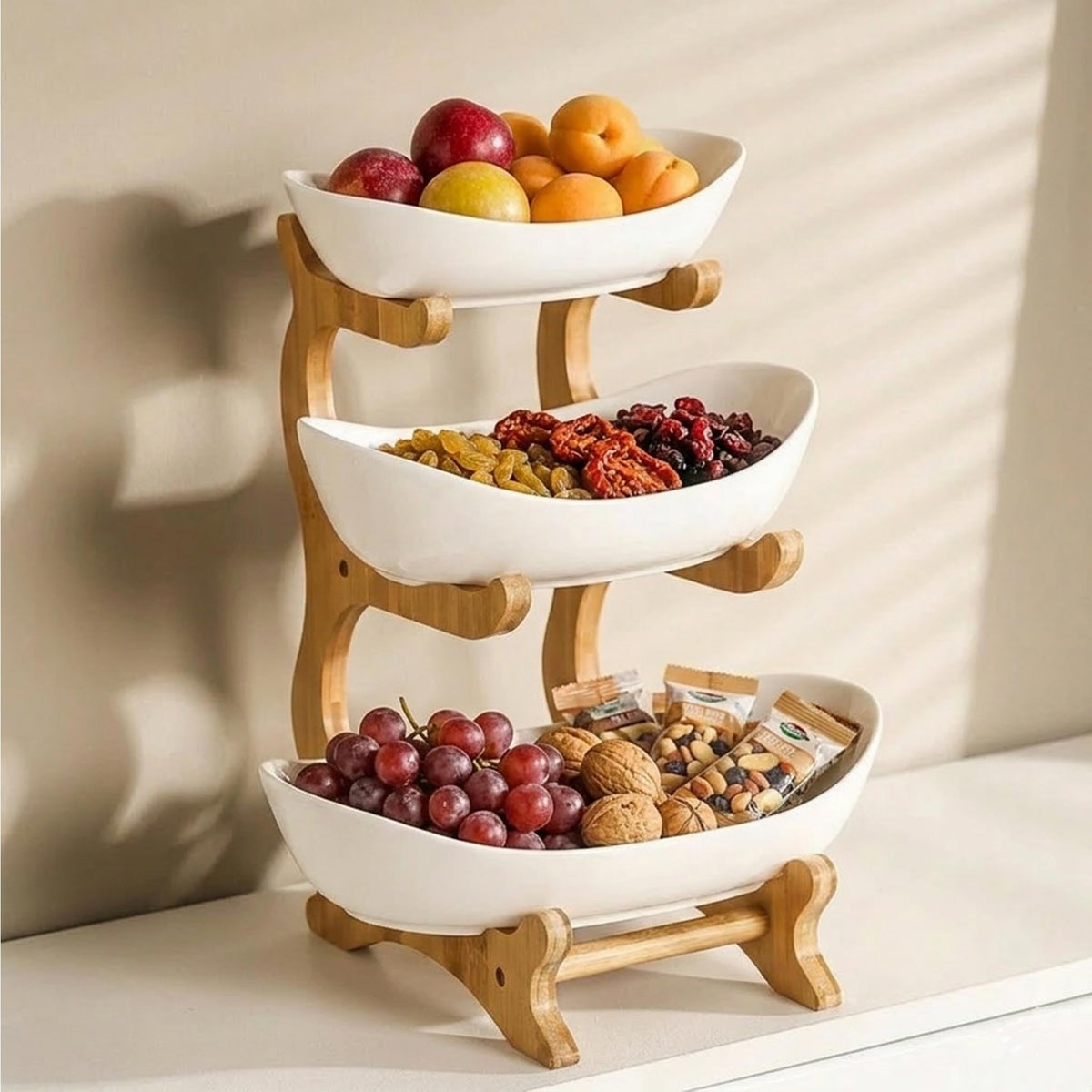 3-Tier Ceramic Fruit Bowl with Bamboo Stand X23587