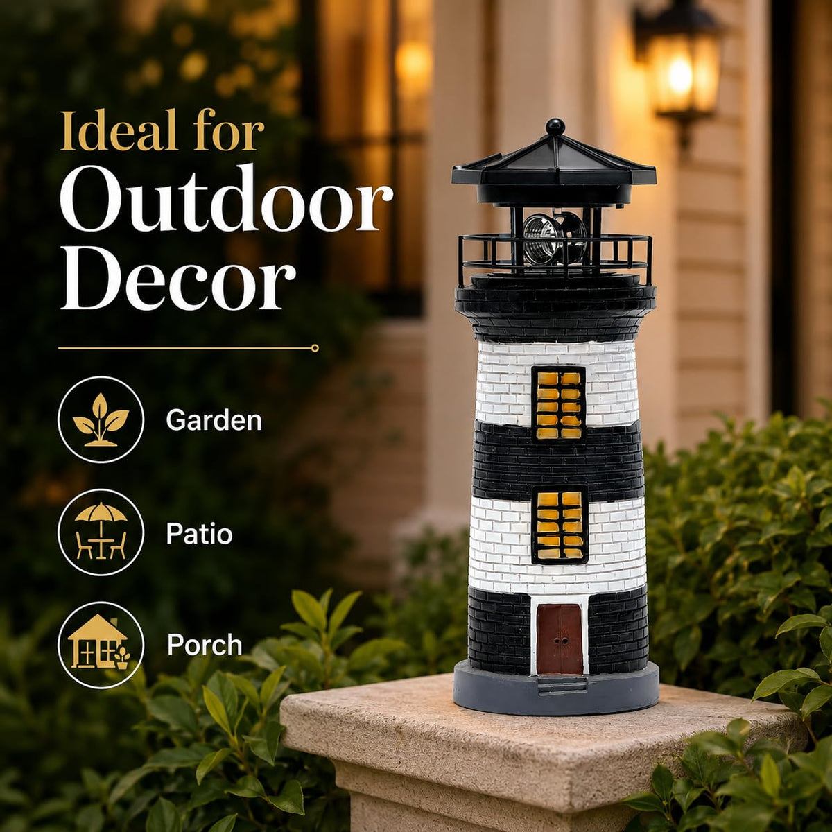 Solar Lighthouse Garden Light, Resin Outdoor Lighthouse Ornament with Rotating LED Beacon H6940