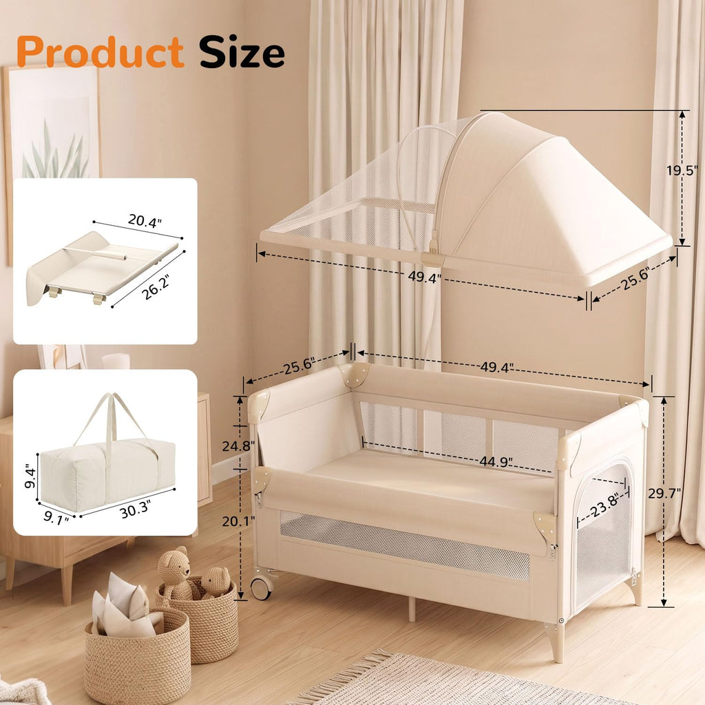 4 in 1 Foldable Pack and Play with Bassinet and Changing Table, Beige V8363