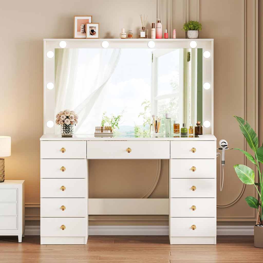 White Vanity Desk with Mirror and 10 LED Lights Y454916