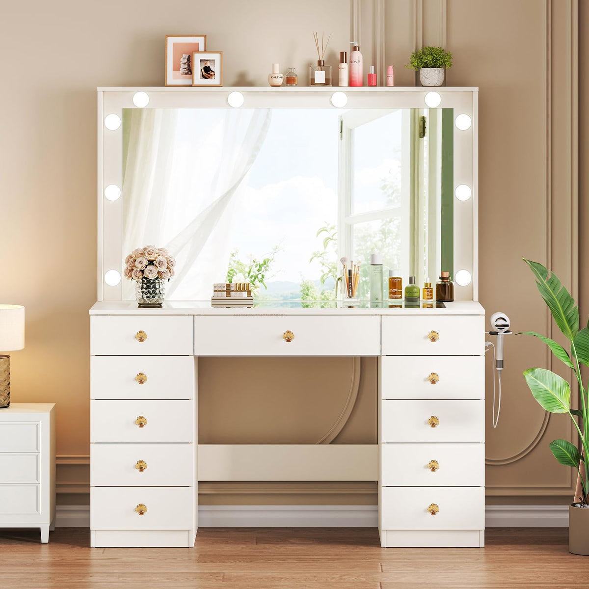 White Vanity Desk with Mirror and 10 LED Lights Y454916