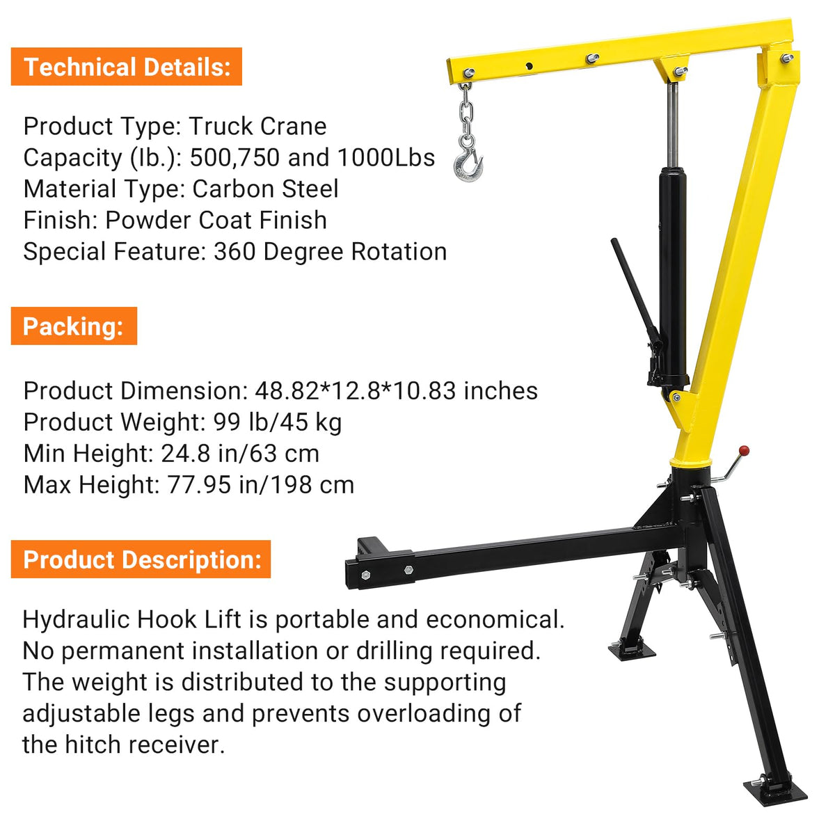 Hydraulic Swivel Hitch Mounted Truck Crane 1000 LBS Capacity G5757
