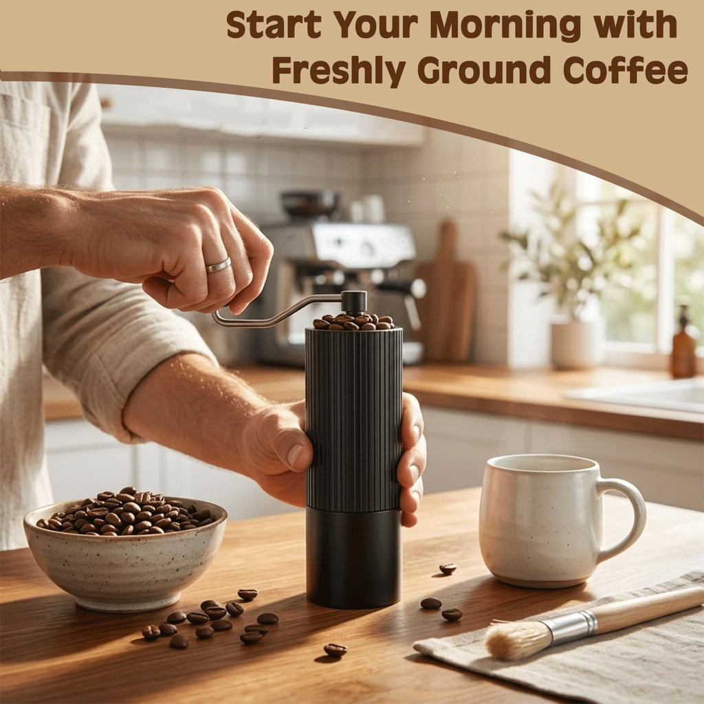 Manual Coffee Grinder with Strainer & Brush, Adjustable Stainless Steel Burr, 30g Hand Crank Coffee Mill, Aluminum Body & Walnut Handle L59520