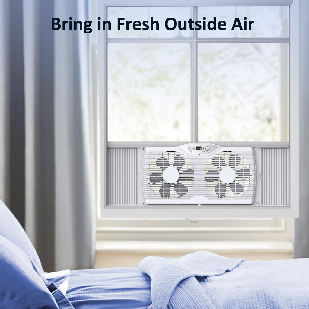 Twin Window Fan, 9-Inch Blades Reversible Airflow, Thermostat Control, 3 Speeds, 23.5"-37" Expandable Width V193