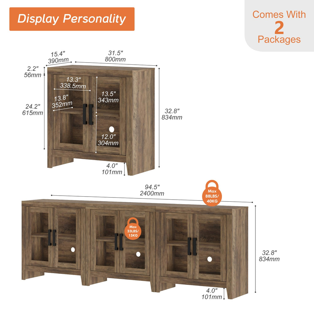 Brown Wood TV Stand with Glass Doors and Storage O38620