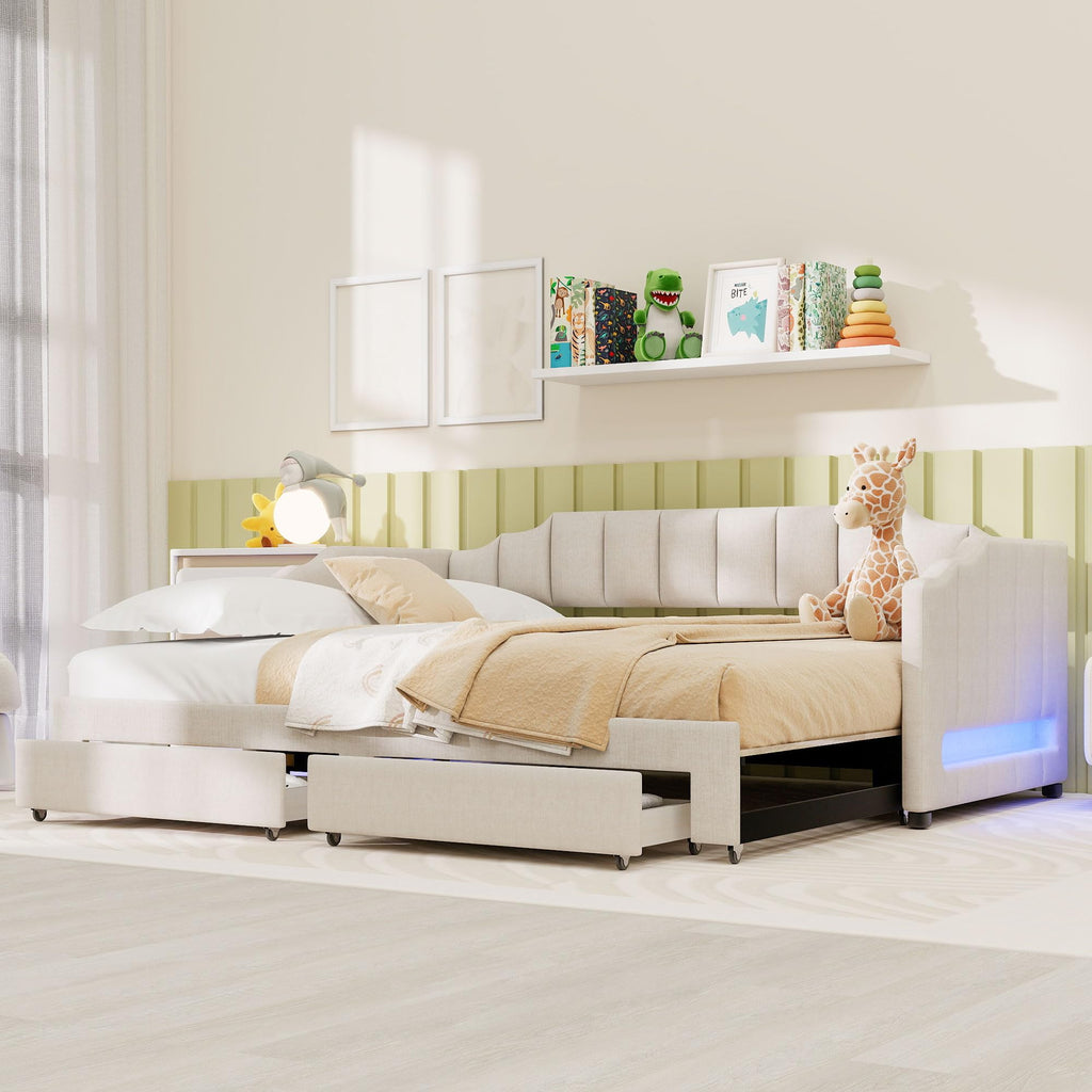 Twin XL to King Extendable Upholstered Daybed Frame with 2 Storage Drawers D1695