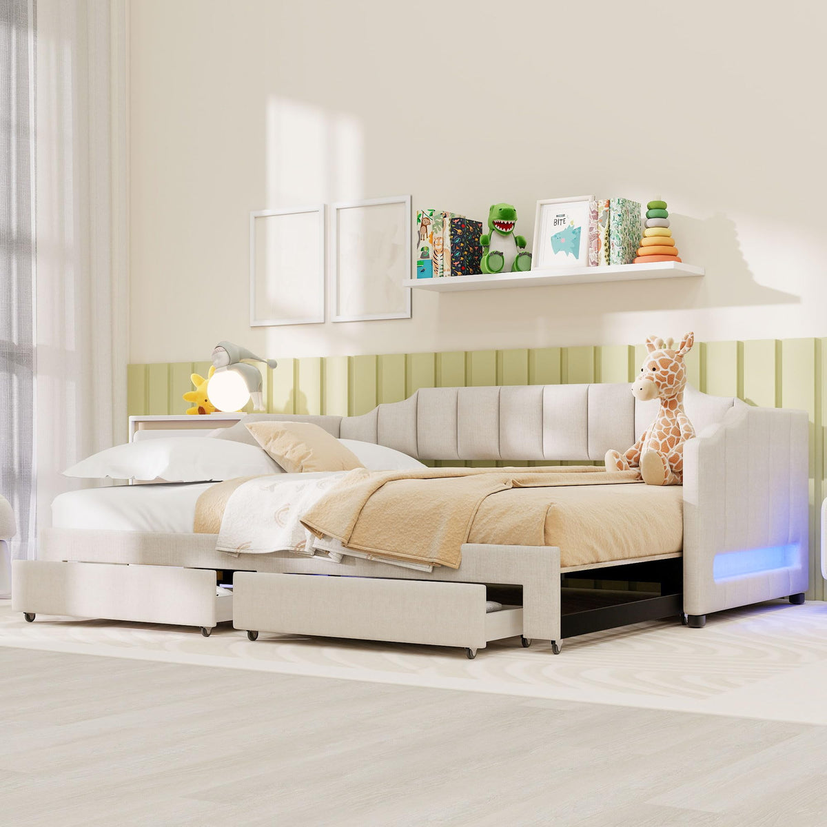 Twin XL to King Extendable Upholstered Daybed Frame with 2 Storage Drawers D1695