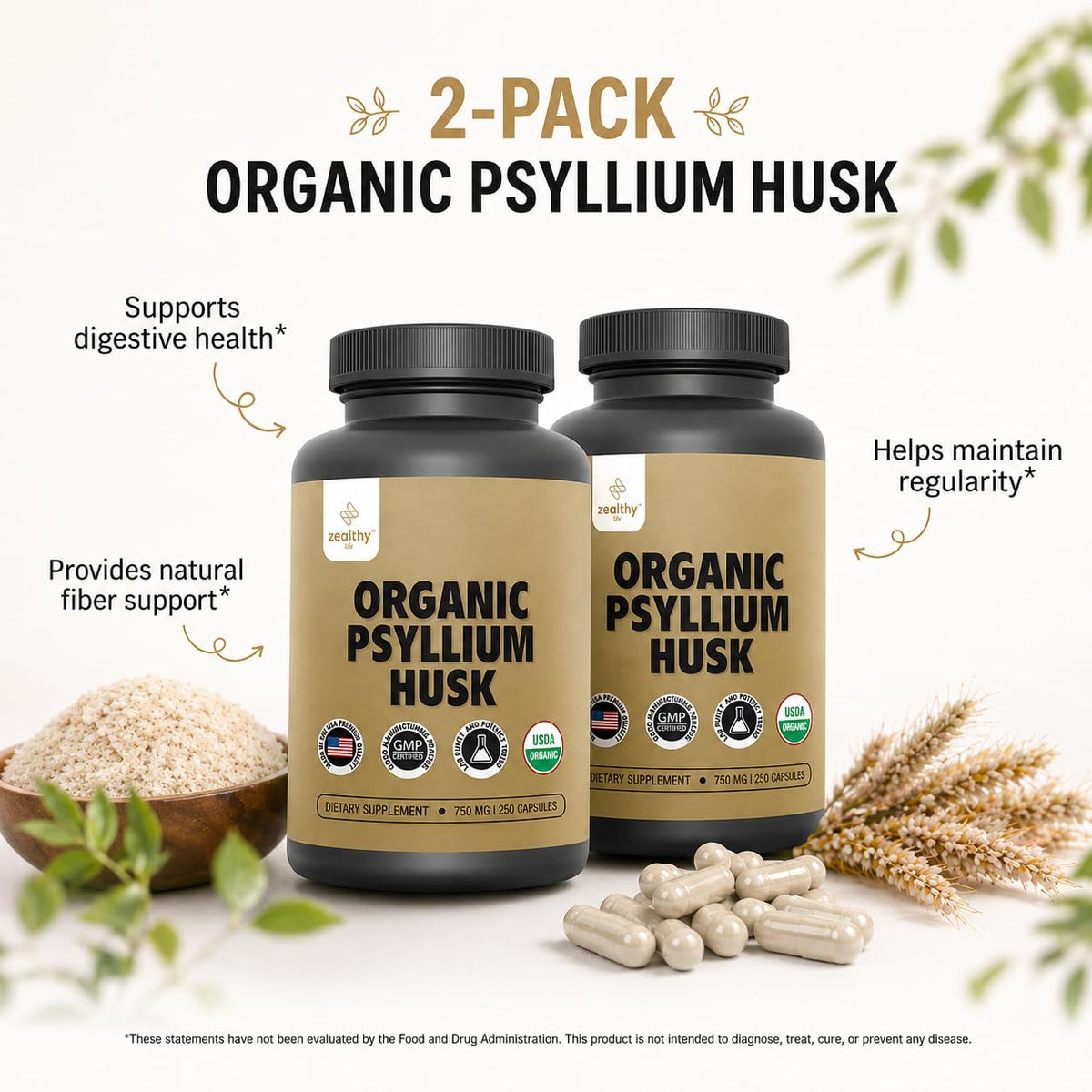 Organic Psyllium Husk Capsules 750 mg Fiber Supplement 250 Capsules Pack of 2 I293