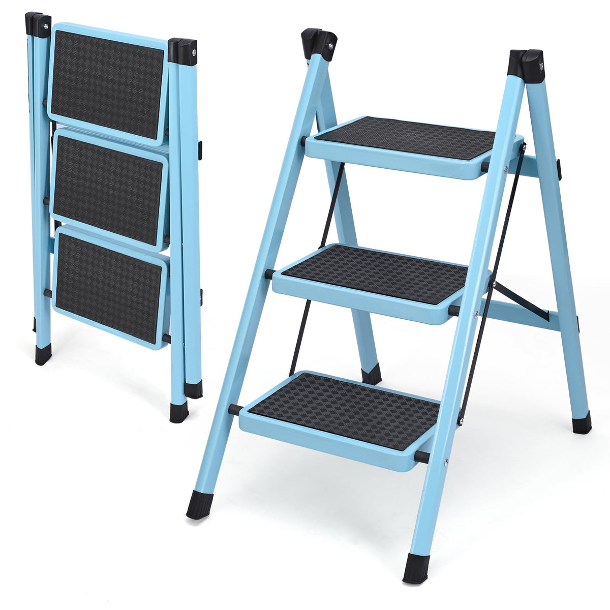 Folding Aluminum 3 Step Ladder 330 LBS Capacity Blue S242934