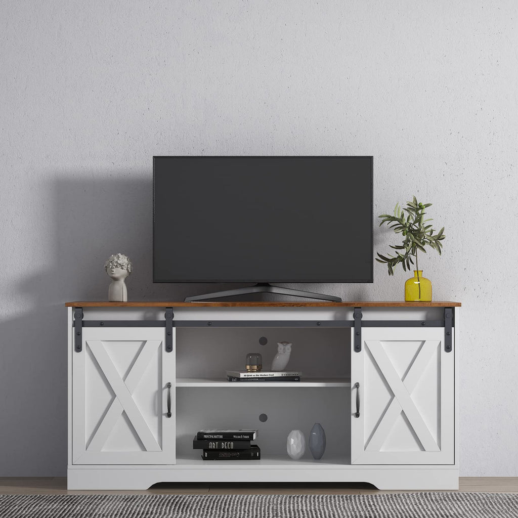 65 Inch TV Stand with Sliding Barn Doors and Storage Cabinets F222472