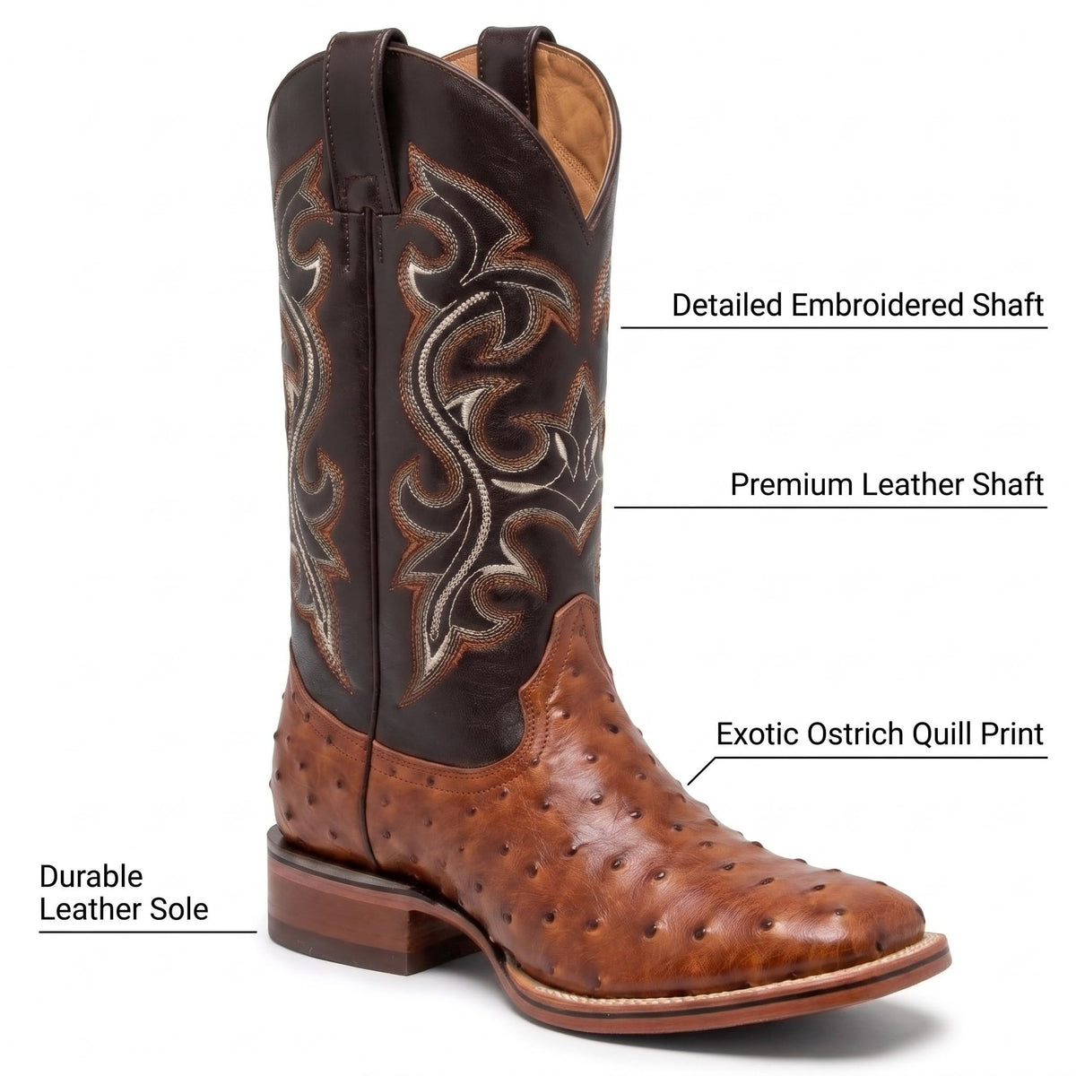 Genuine Cowhide Leather Ostrich Print Square Toe Western Boots R455524