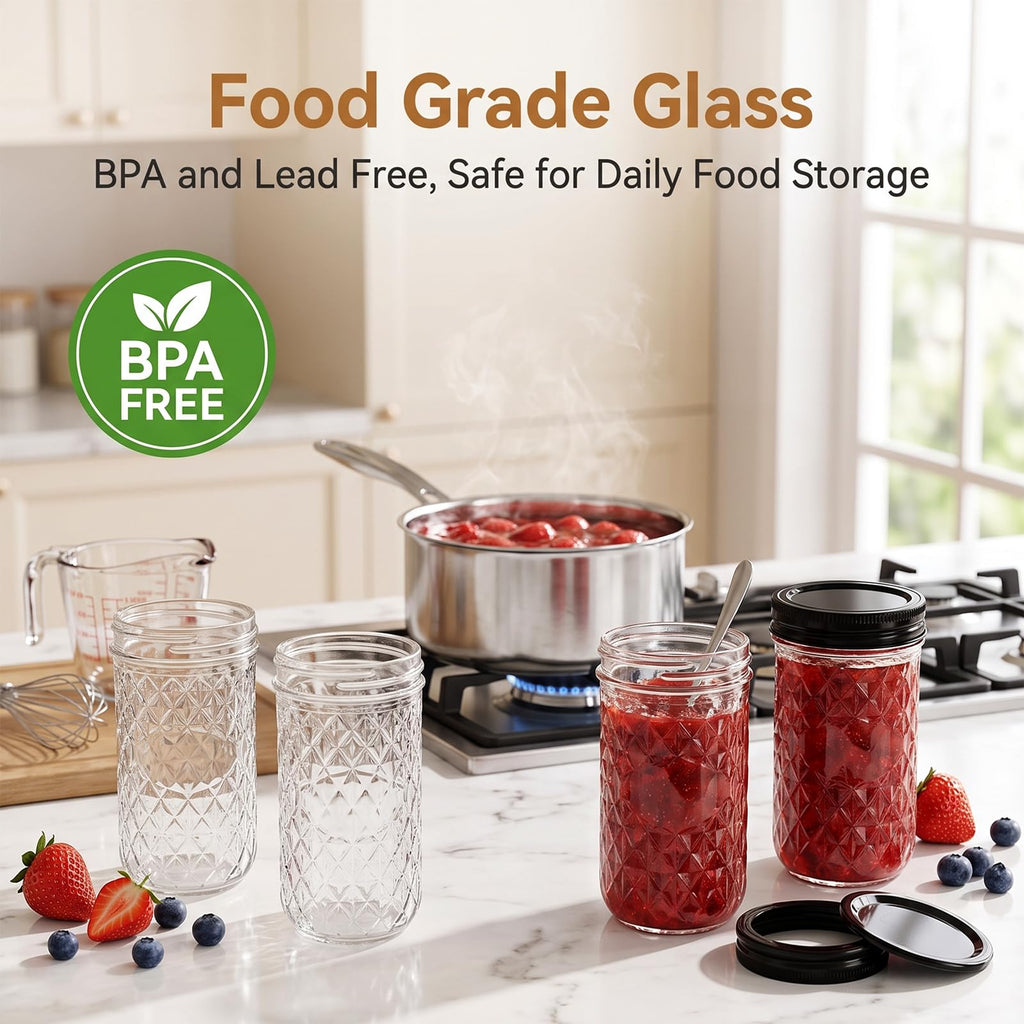 12 oz Mason Jars 12 Pack Regular Mouth Canning Jars with Black Lids E7160