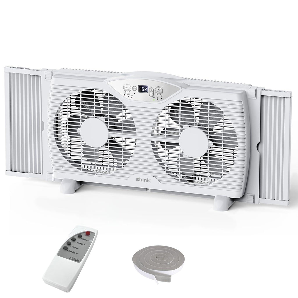 Twin Window Fan, 9-Inch Blades Reversible Airflow, Thermostat Control, 3 Speeds, 23.5"-37" Expandable Width V193