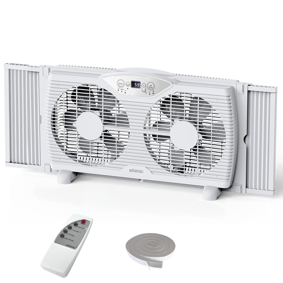 Twin Window Fan, 9-Inch Blades Reversible Airflow, Thermostat Control, 3 Speeds, 23.5"-37" Expandable Width V193