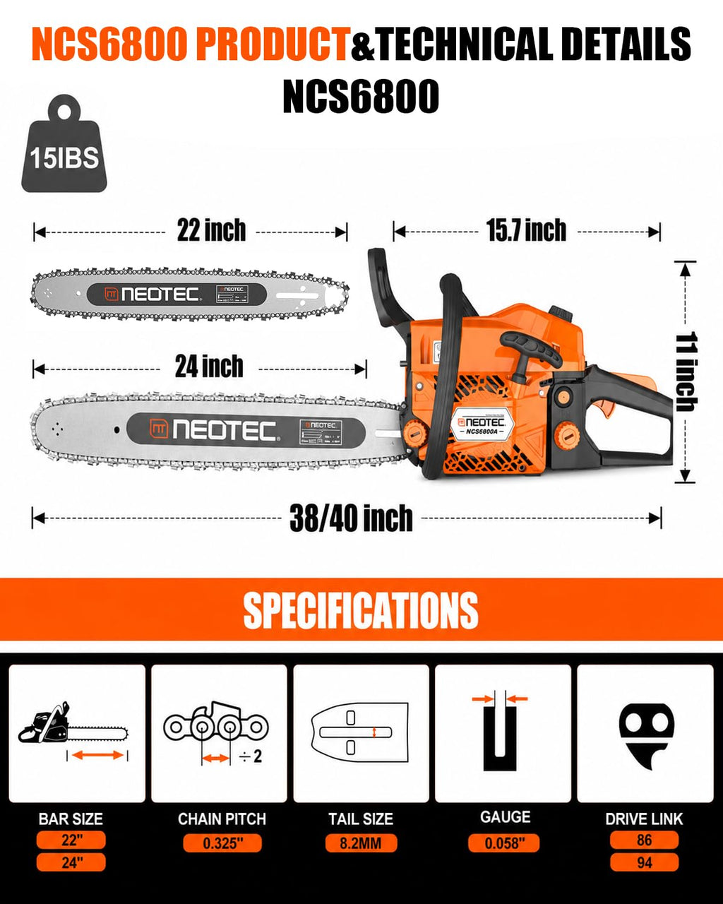 68CC Gas Powered Chainsaw 22 24 Inch Bars 2-Cycle Z7802