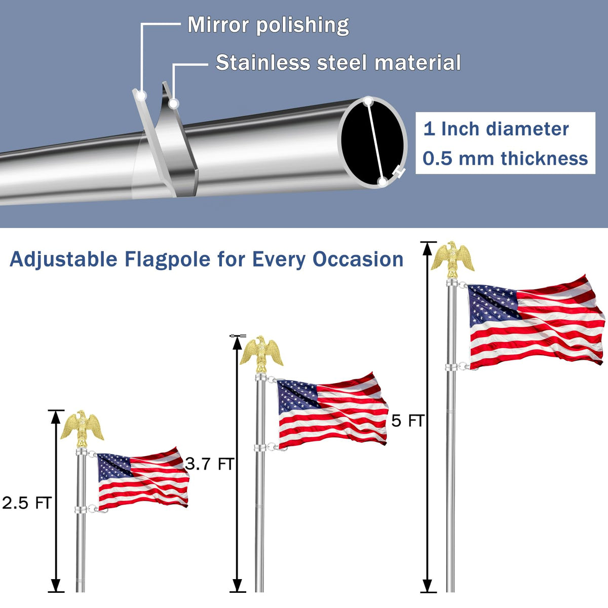 5 FT Stainless Steel Flag Pole with Eagle Topper S7105