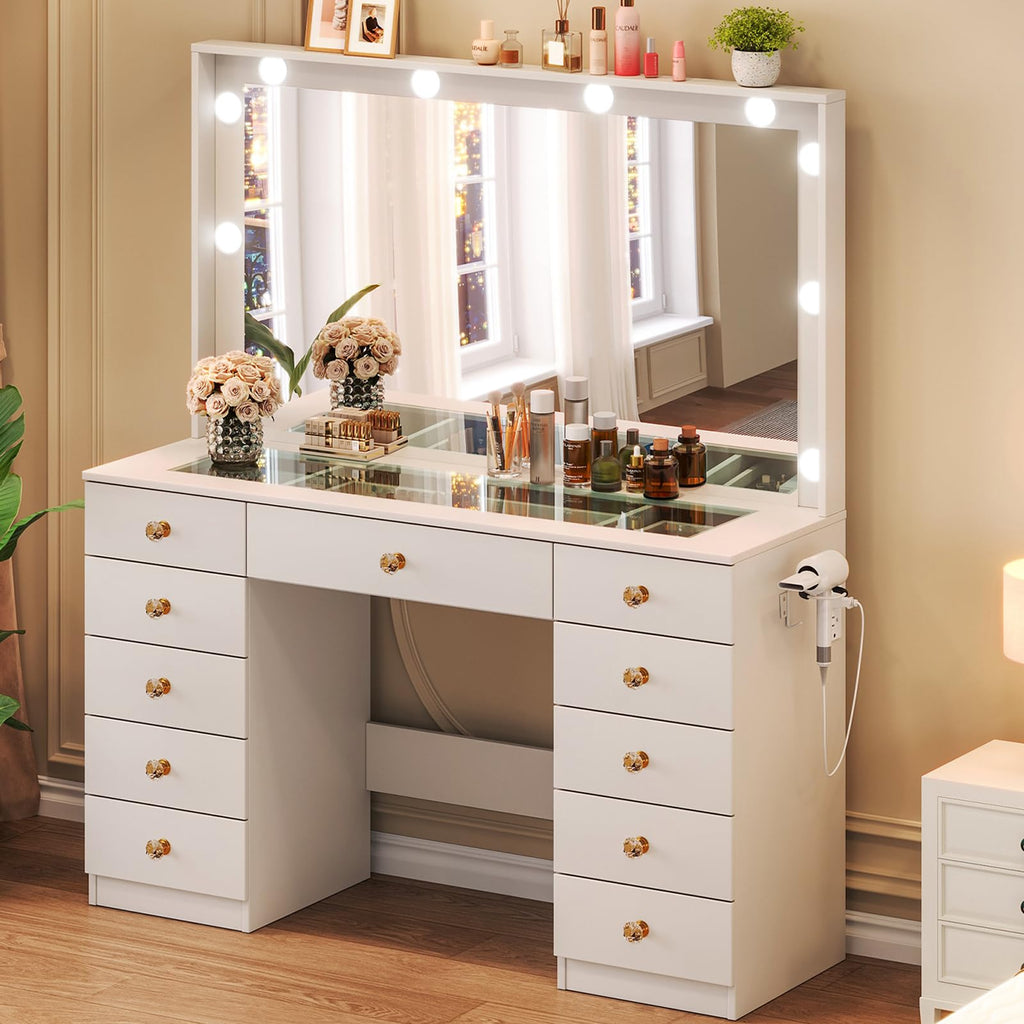 White Vanity Desk with Mirror and 10 LED Lights Y454916