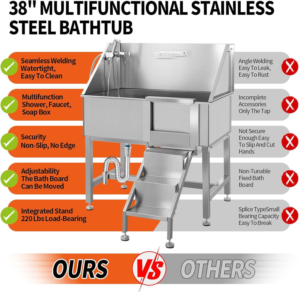 38" Stainless Steel Dog Grooming Tub with Stairs R50690