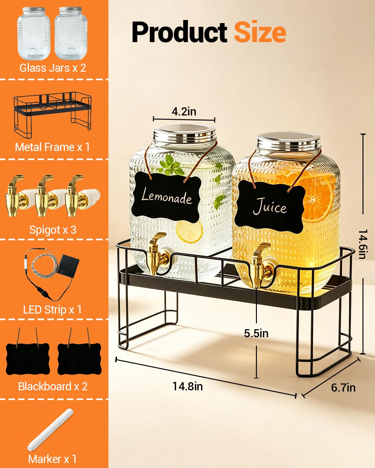 2 Pack 1 Gallon Glass Drink Dispensers with Stand Y521069