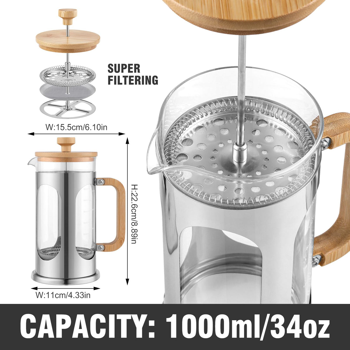 34 oz Borosilicate Glass French Press Coffee Maker N15235