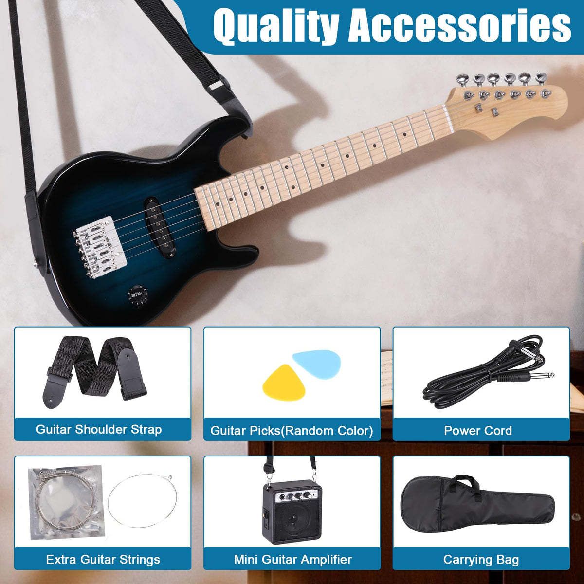 30 Inch Blue Kids Electric Guitar Beginner Kit with Amplifier K43976