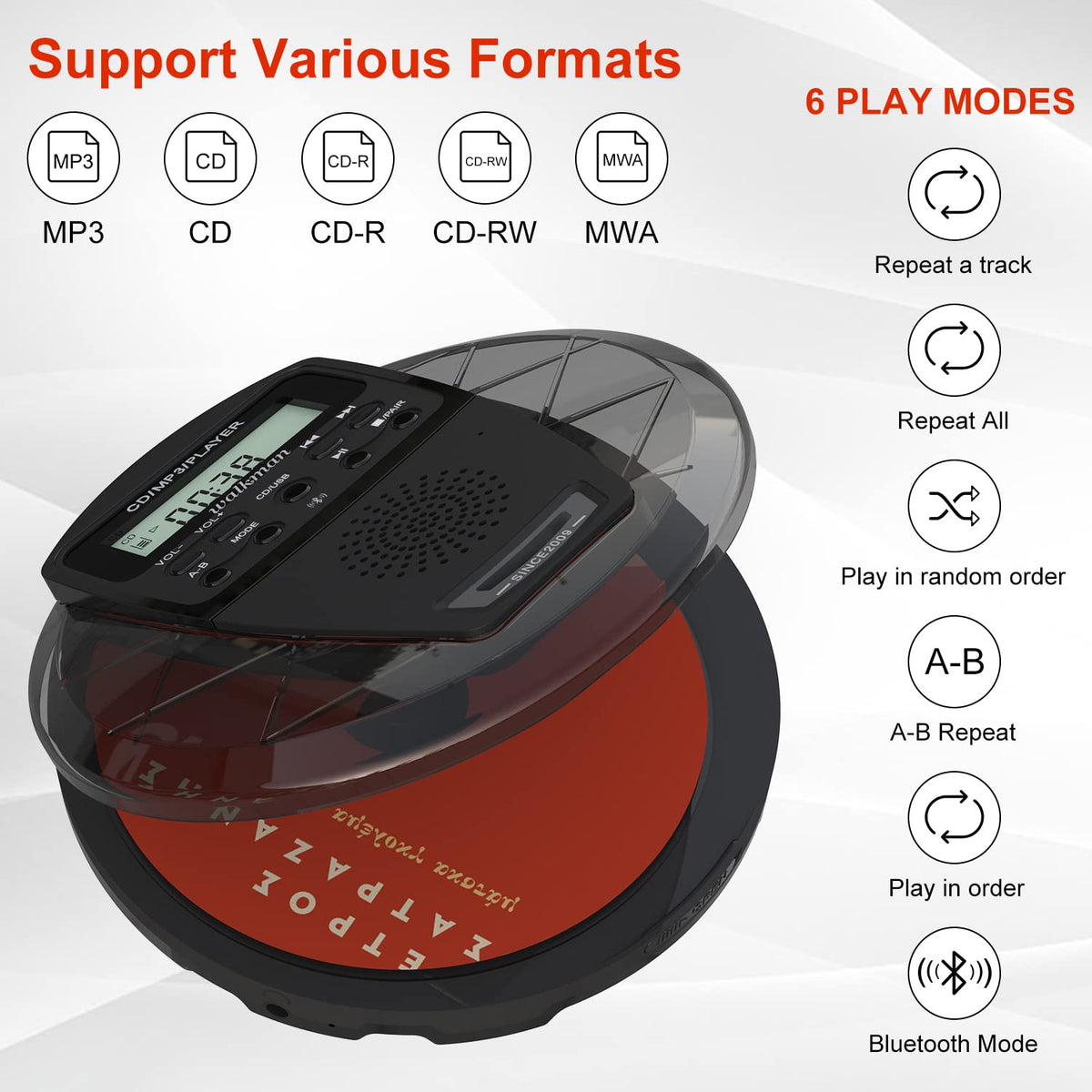 Rechargeable Portable CD Player with Bluetooth A302
