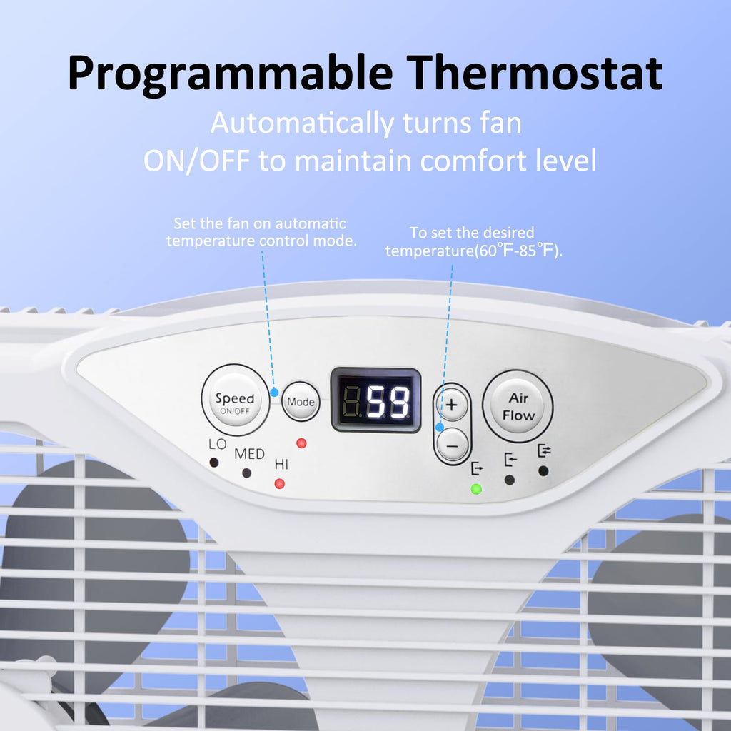 Twin Window Fan, 9-Inch Blades Reversible Airflow, Thermostat Control, 3 Speeds, 23.5"-37" Expandable Width V193