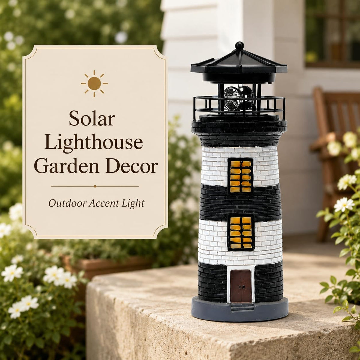 Solar Lighthouse Garden Light, Resin Outdoor Lighthouse Ornament with Rotating LED Beacon H6940