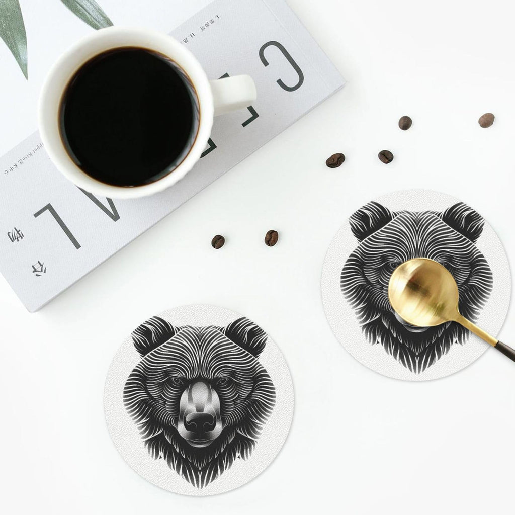 Black and White Bear Head Leather Coasters Set of 4 J928