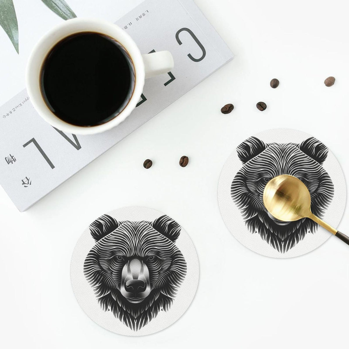 Black and White Bear Head Leather Coasters Set of 4 J928