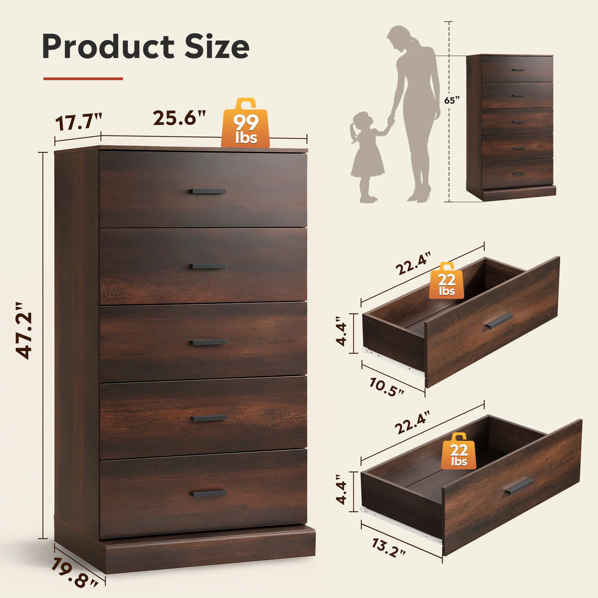 Brown 5 Drawer Dresser T6362