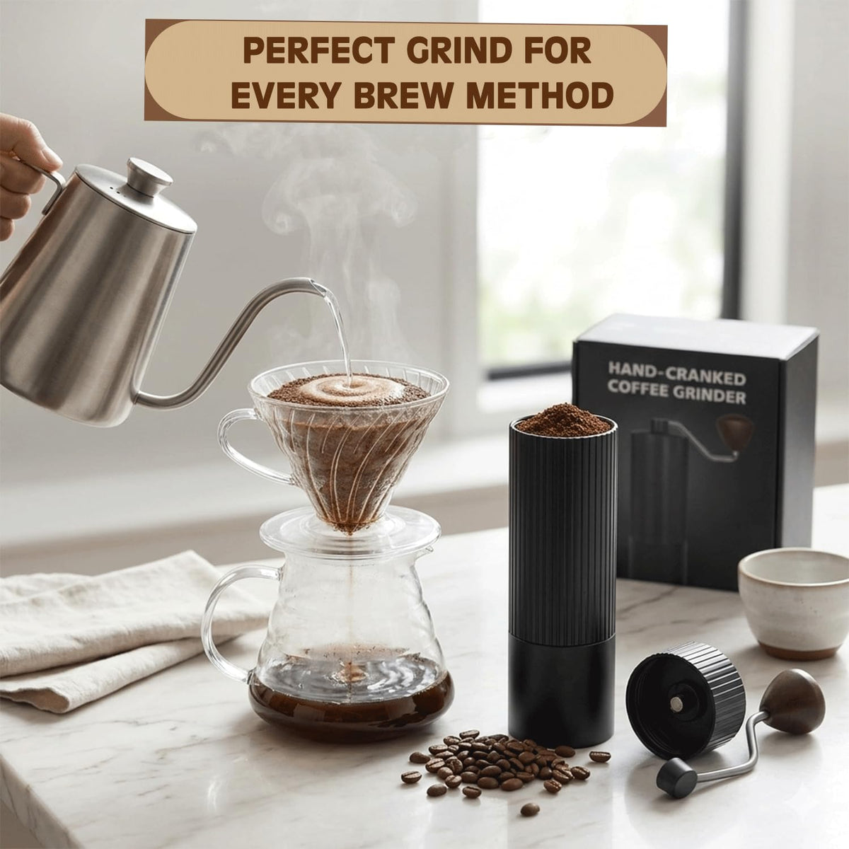 Manual Coffee Grinder with Strainer & Brush, Adjustable Stainless Steel Burr, 30g Hand Crank Coffee Mill, Aluminum Body & Walnut Handle L59520