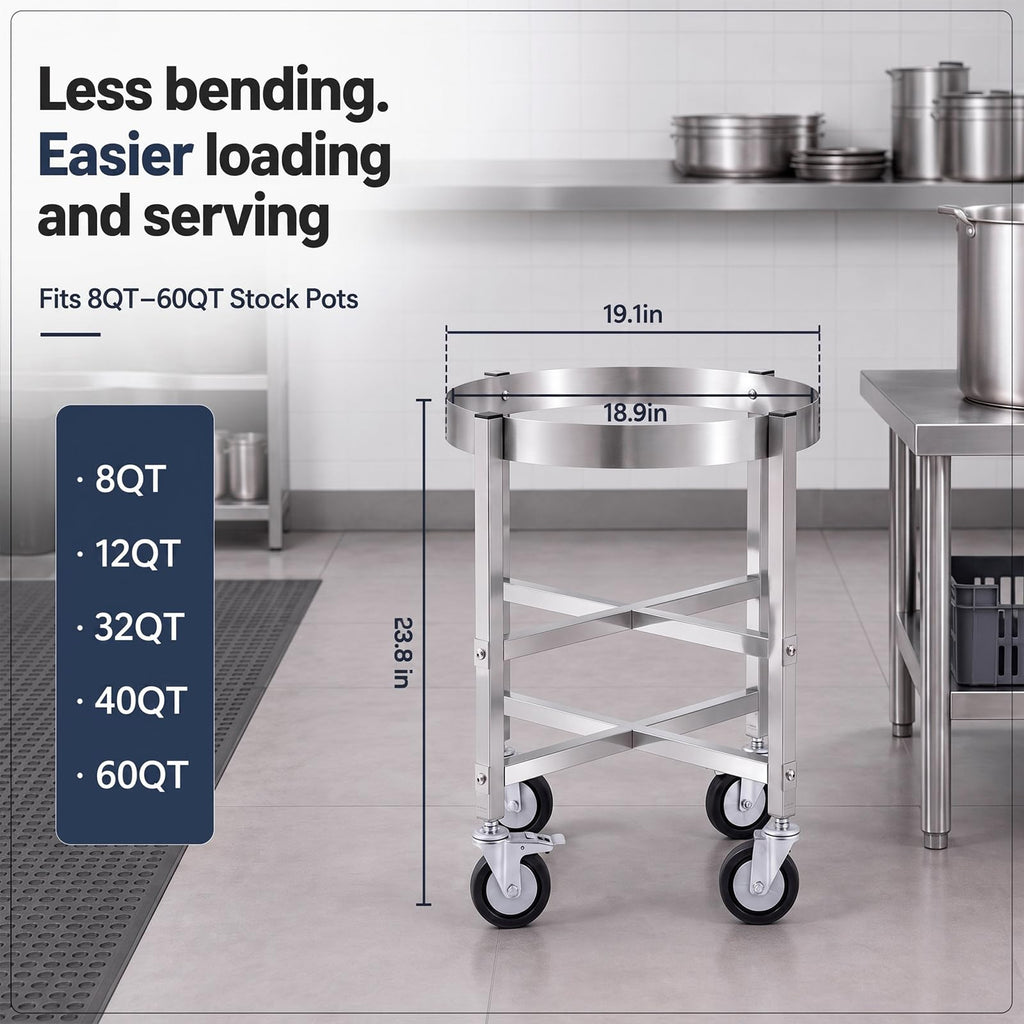 23.8 Inch Stainless Steel Stock Pot Dolly with Locking Casters V411