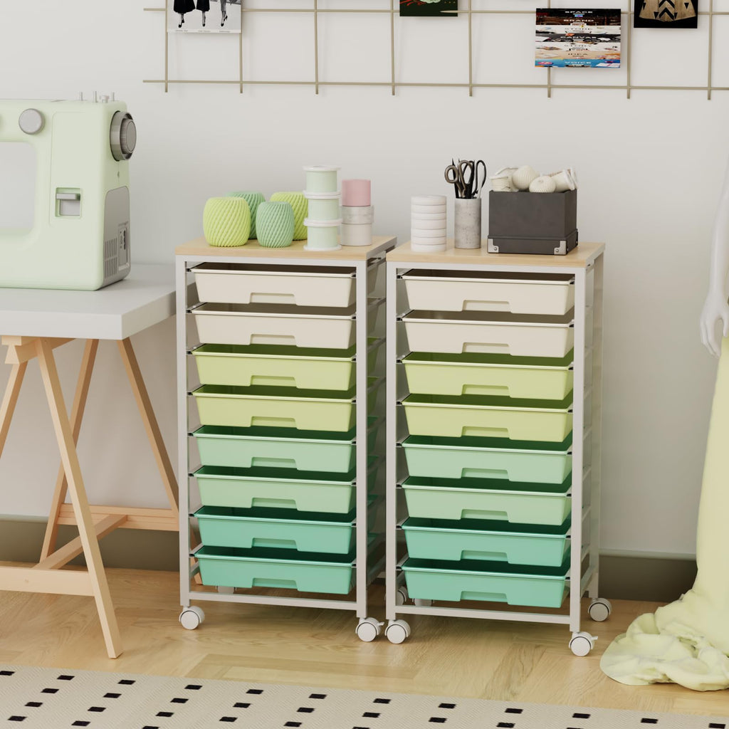 Rolling Storage Cart with 8 Drawers & Wooden Tabletop, Green, White Y36158
