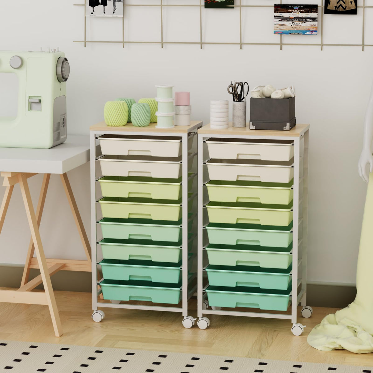 Rolling Storage Cart with 8 Drawers & Wooden Tabletop, Green, White Y36158