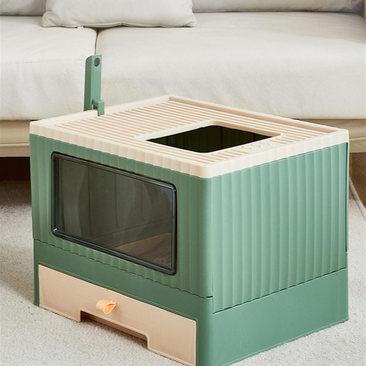 Top Entry Cat Litter Box with Lid Foldable Drawer Type Green A529923
