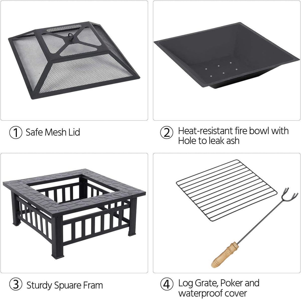 32 Inch Square Metal Wood Burning Fire Pit with Mesh Lid and Poker E3858