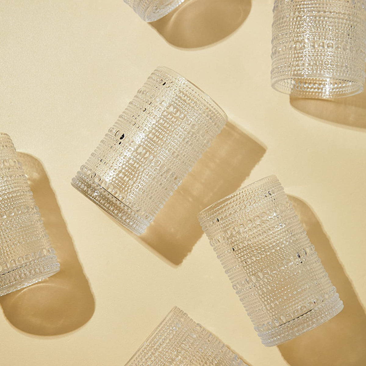 Set of 6 Vintage Hobnail Drinking Glasses, 13 oz Clear Embossed Glassware P7184