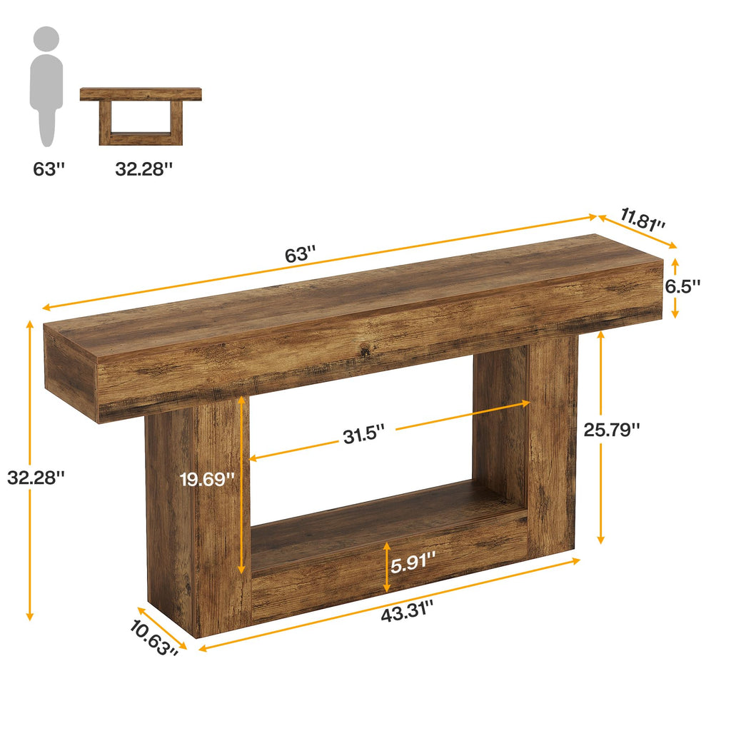 63" Farmhouse 2-Tier Console Table with U-Shaped Base M15673