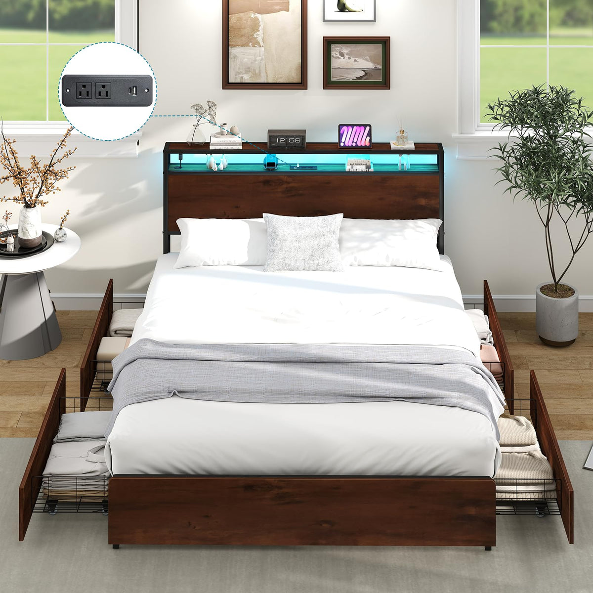Queen Size Bed Frame with 4 Storage Drawers J364