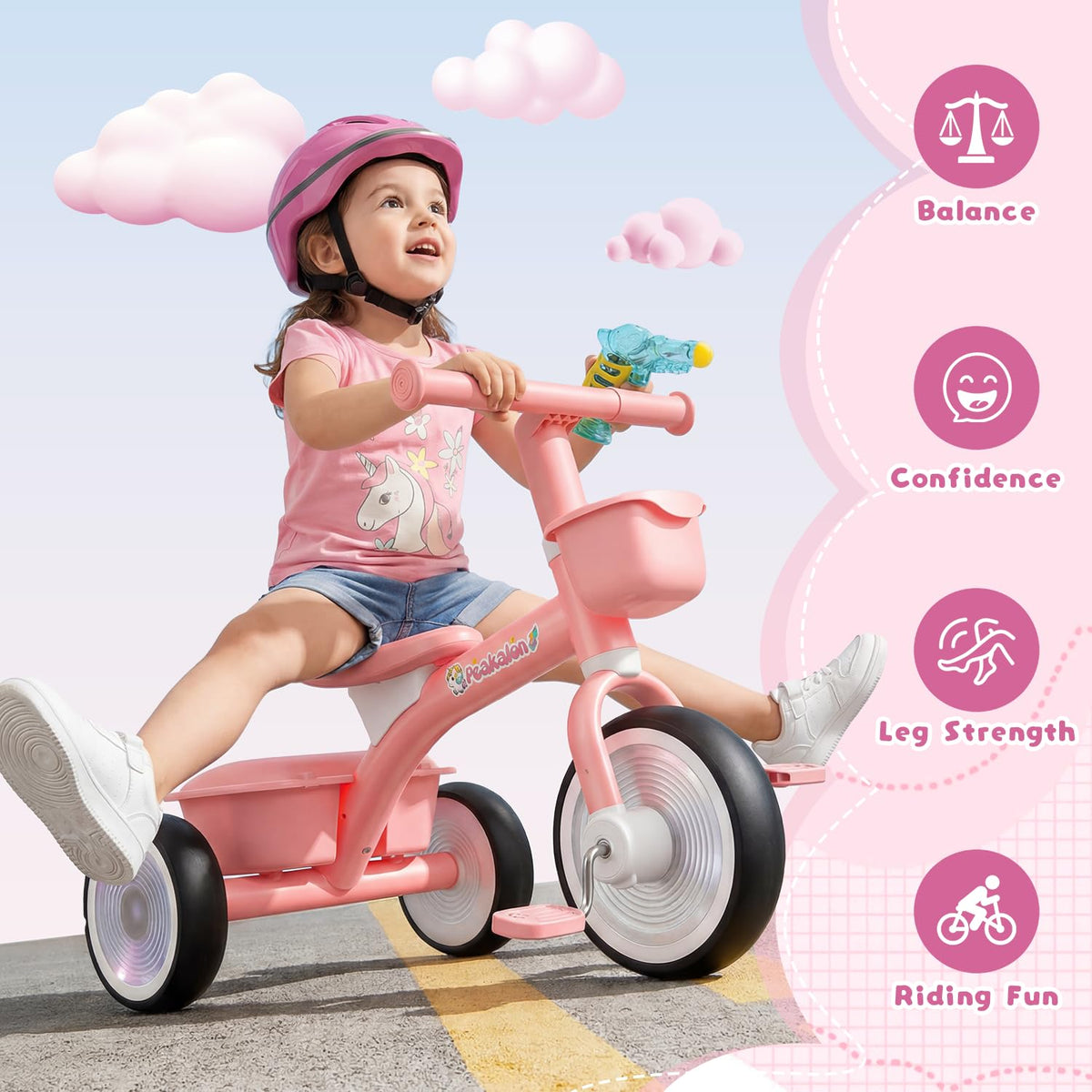Pink Toddler Tricycle with Adjustable Seat and 2 Basket G528973