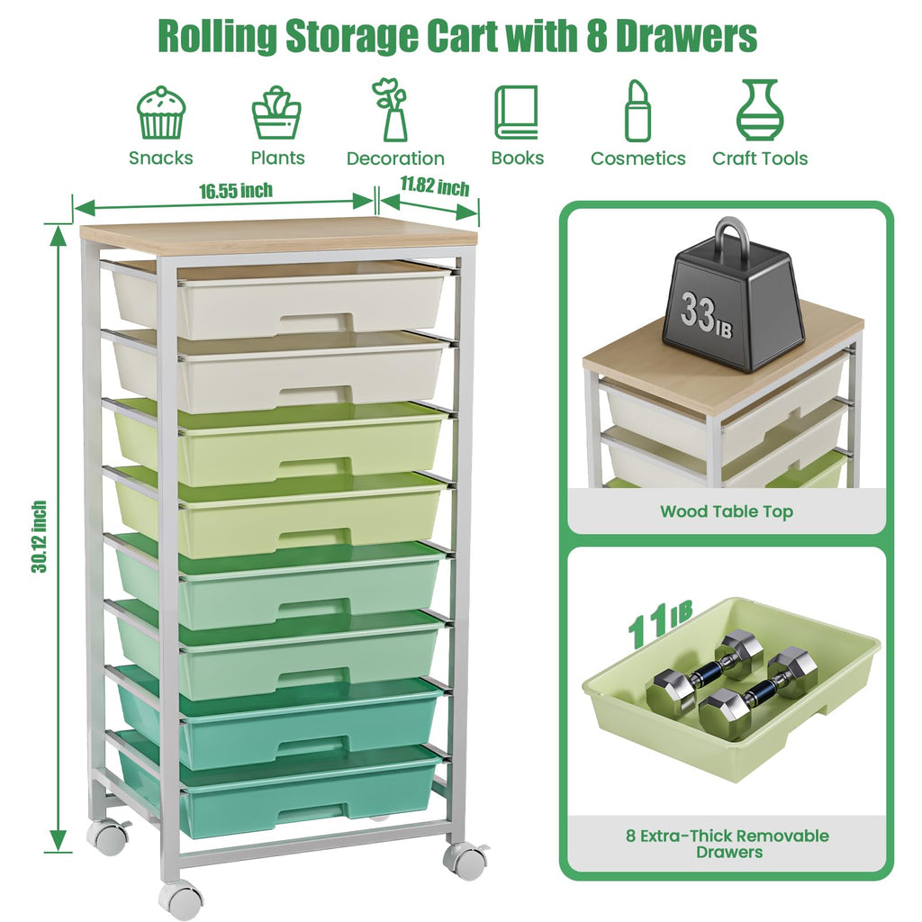 Rolling Storage Cart with 8 Drawers & Wooden Tabletop, Green, White Y36158