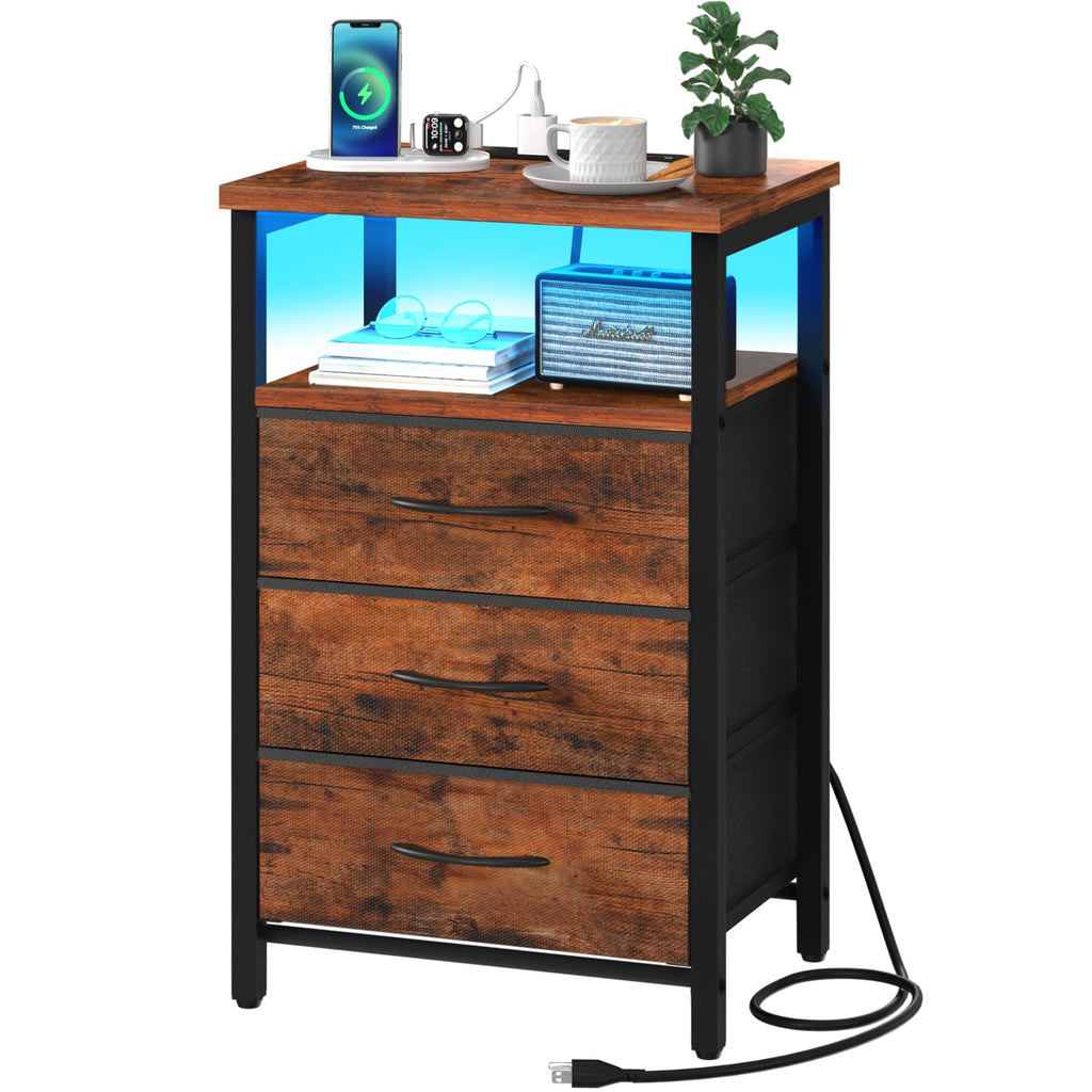 Red Brown Nightstand with Charging Station F674