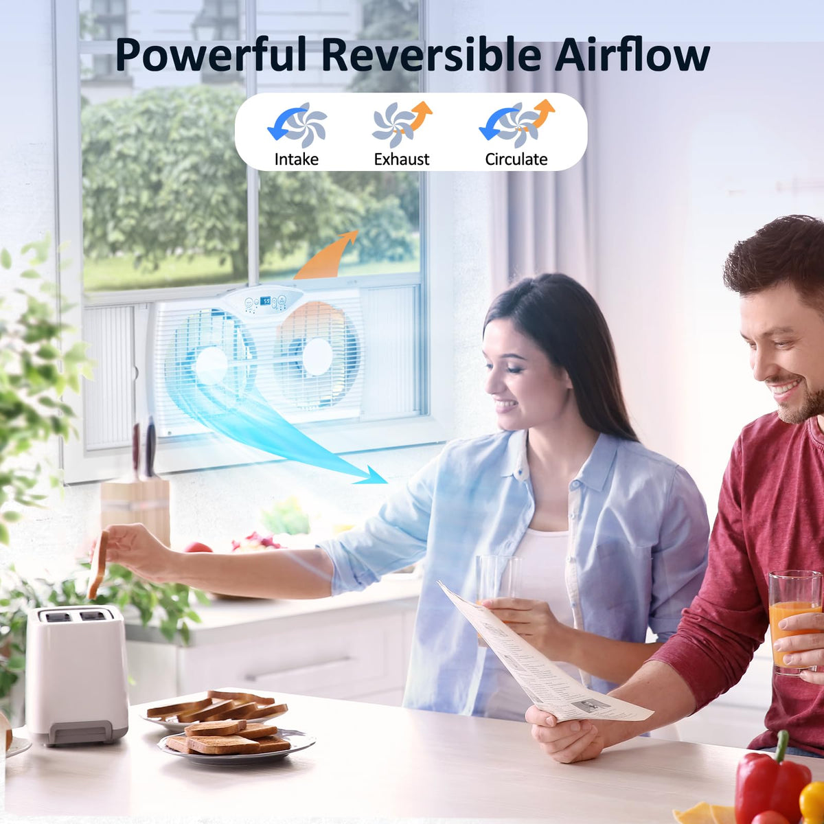 Twin Window Fan, 9-Inch Blades Reversible Airflow, Thermostat Control, 3 Speeds, 23.5"-37" Expandable Width V193