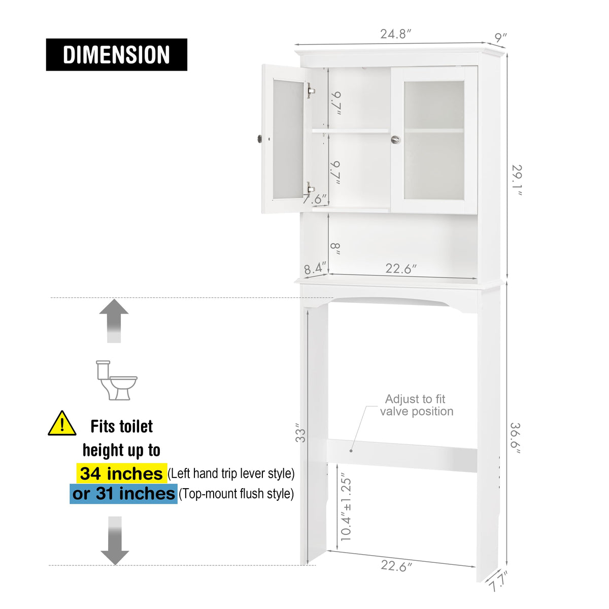 Over the Toilet Storage Cabinet with Tempered Glass Doors P282
