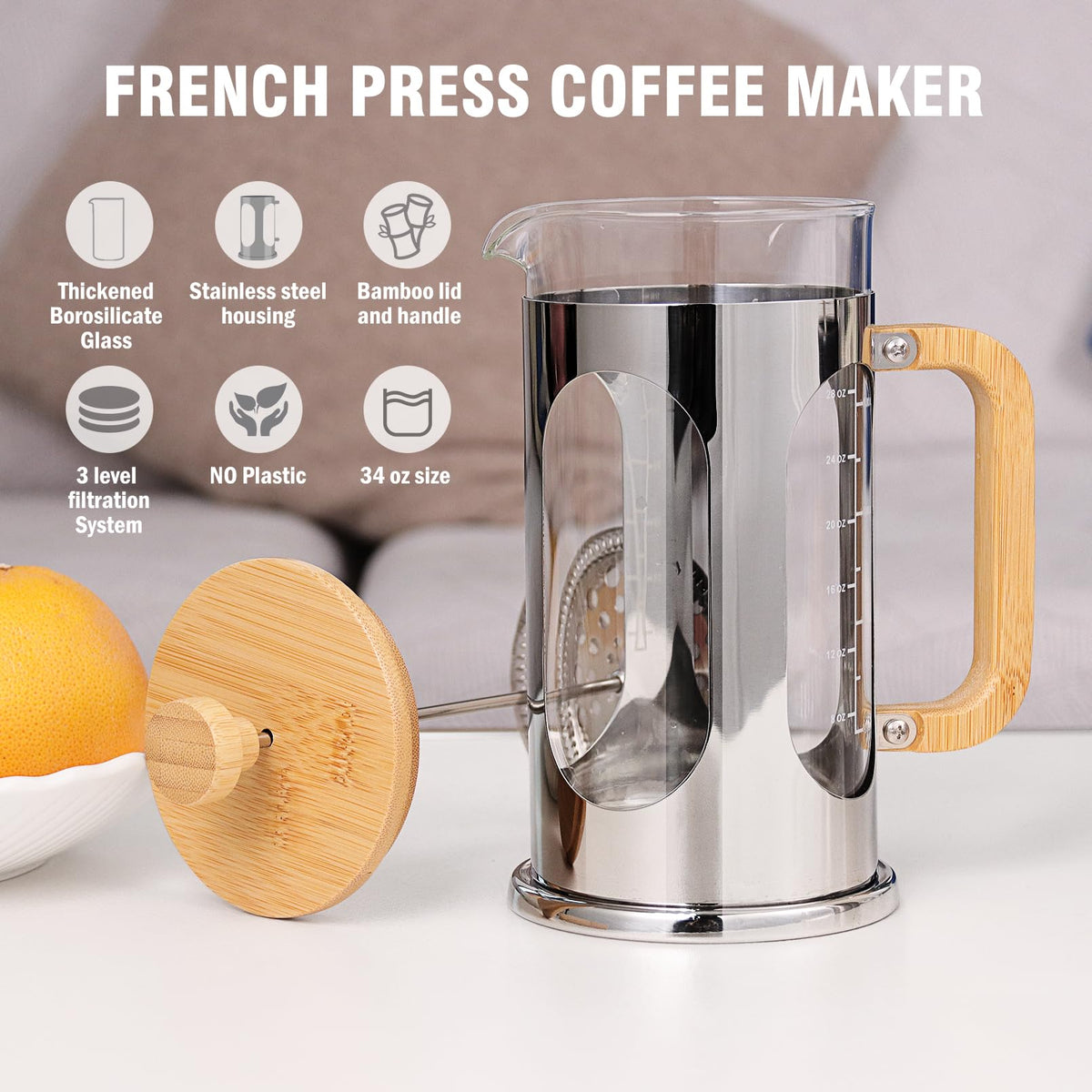 34 oz Borosilicate Glass French Press Coffee Maker N15235