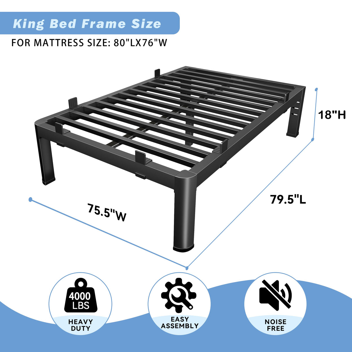 18 Inch Metal King Bed Frame with Steel Support A77409